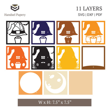 Pumpkin witch spooky house - Halloween shadow box template