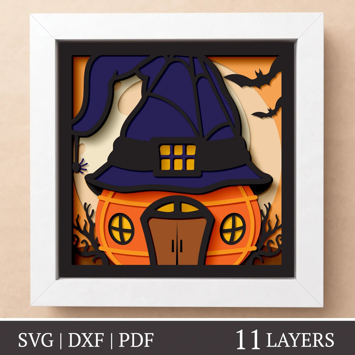 Pumpkin witch spooky house - Halloween shadow box template